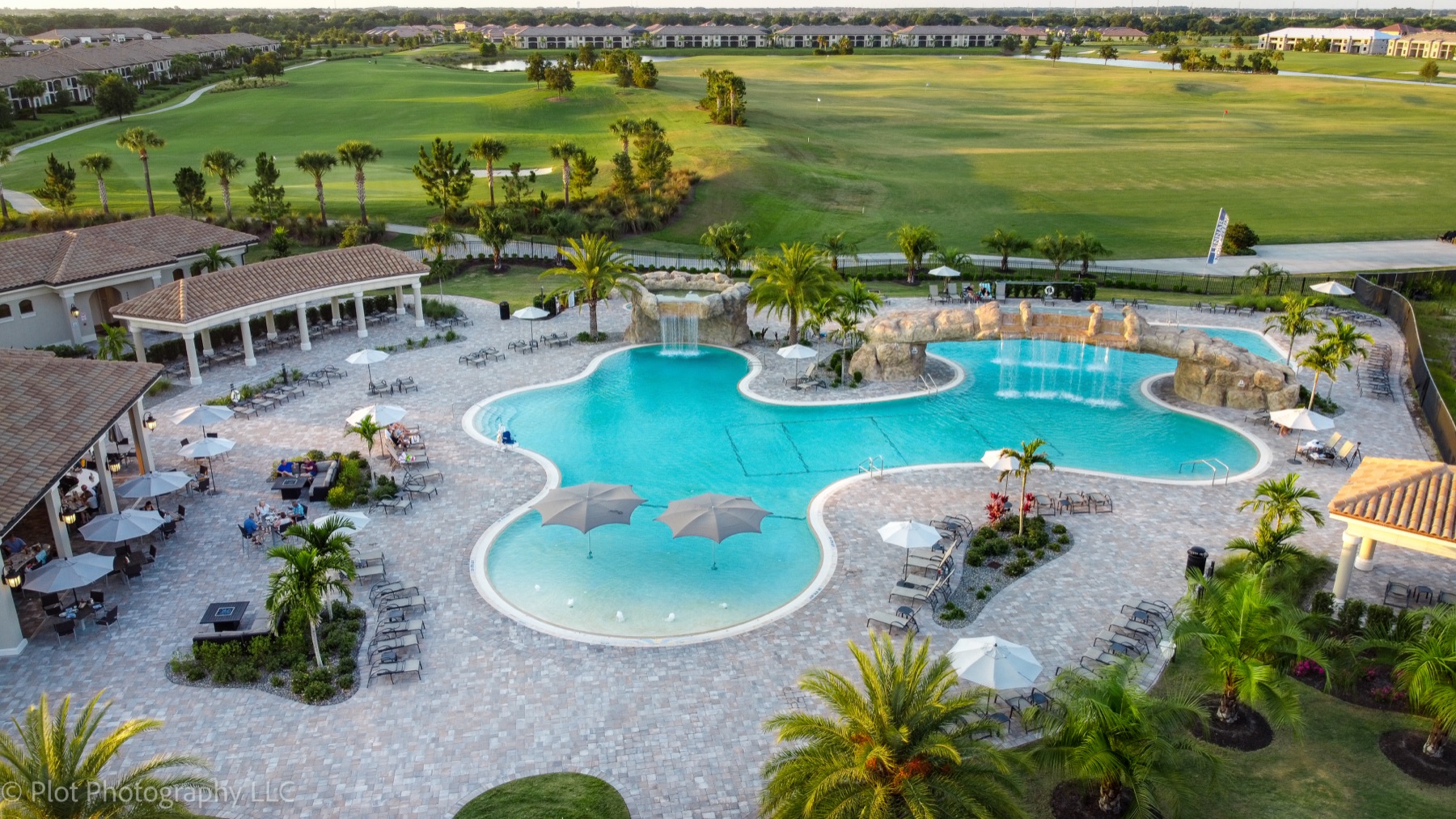 Aerial view of the lagoon pool and the Commander golf course at Lakewood National